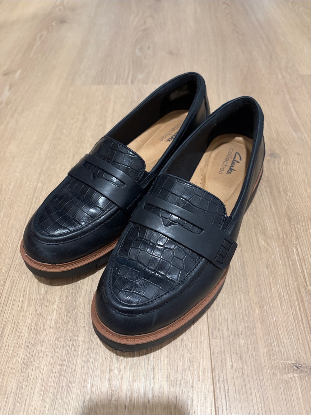 Clarks Black Croc-Embossed Leather Penny Loafers with Tan Welt